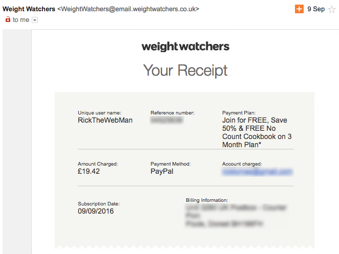 Weight Watchers Receipt 09/09/2016